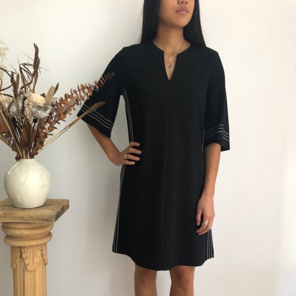 Melissa Nepton Taha Dress Flared 1/2 Sleeves Black White Detail Stitching, Large